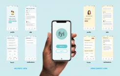 Poster for a app concept called FYI. The left side has what it looks like from a local helper's view and the right side has what a newcomer's view looks like. In the middle there is a hand holding up a phone with the app's "Sign up" screen on it.