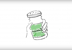 Cartoon hand holding a salt-shaker that says "healthify" on it. 