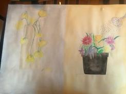 Dying yellow flowers on the left and flourishing colorful flowers on the right. Done with water color.