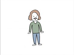 A cartoon of a person with short brown hair, a black mustache, a green sweater, and blue pants.