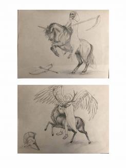 Two pencil illustrations: on the top, the grim reaper on a horse that has a unicorn's horn and a bow an arrow on the ground next to it. On the bottom, an angel on a buck with an old-timey soldier's helmet on the ground next to it.