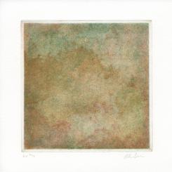 A tile awash with colors of brown, red, purple, and teal. Made with intaglio.