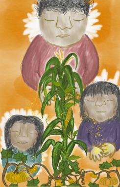 A portrait of three women with a cornstalk and some pumpkins in the foreground. Painted digitally. 