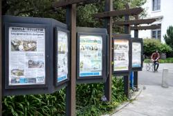 Display of international newspapers on the UC Berkeley campus, all of which are dated March 15 or 16, just before the city went into lockdown.