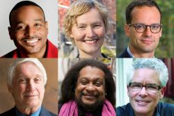 Six photos of UC Berkeley's newest electees to the American Academy of Arts and Sciences, top row, left to right, Rucker Johnson, Annette Vissing-Jorgensen, Stefano DellaVigna. Bottom row, left to right, Stephen Hinshaw, Tyrone Hayes and R. Jay Wallace.