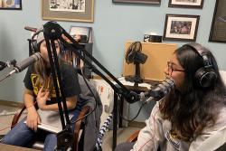 Students Millie Hernandez (left) and Julie Lemus record a podcast in the fall 2019 Chicano Studies 159 course “Mexican Migrations.” A state-of-the-art center for creating podcasts and other new media to lift up seldom-heard voices has received a Berkeley Changemaker Technology Innovation Grant.