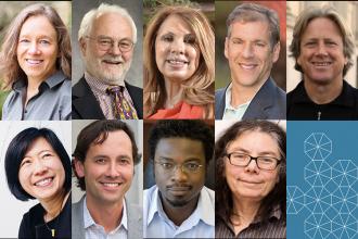A gallery of UC Berkeley's newest members of the AAAS. In the top row, left to right, are Kathleen Collins, Malcolm Feeley, Kris Gutierrez, Daniel Kammen and Dacher Keltner. In the bottom row, left to right, are Chung-Pei Ma, Edward Miguel, Richmond Sarpong and Marjorie Shapiro.