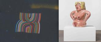 Left: Alicia McCarthy, Untitled, 2018. Color pencil and spray paint on paper, 20 x 20 inches. University of California, Berkeley Art Museum and Pacific Film Archive. Gift of the artist. Right: Ruby Neri, Two Women, 2018. Ceramic with glaze, 34 x 32 x 22 1/2 inches. Photo: Lee Thompson. Courtesy of David Kordansky Gallery, Los Angeles.