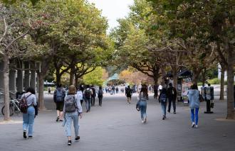 Students walk towards campus near Sproul Hall