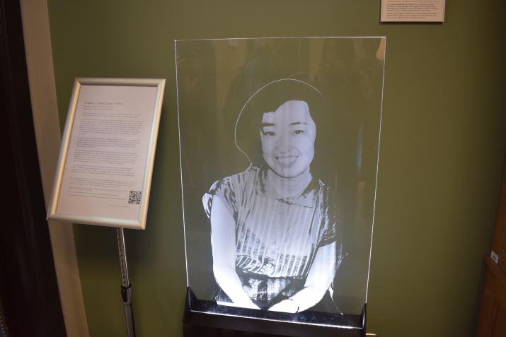 Laser cut images of Cal Alum who were forcibly removed from campus and forced into Japanese internment camps 