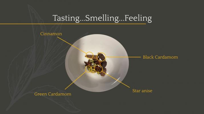 Small portions of cinnamon, black cardamom, star anise, and green cardamom lay in a white bowl with the works, "Tasting...Smelling...Feeling" at the top of the image.