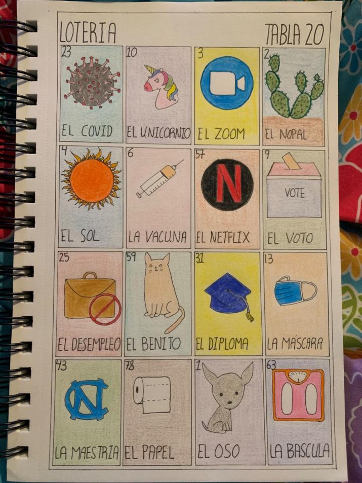 16 images of various aspects of the creator's life are depicted in small rectangles, including an illustration of covid (el covid), a unicorn (el unicornio), Zoom (el Zoom), the sun (el sol). At the top of the images are the words, Loteria, Tabla 20.