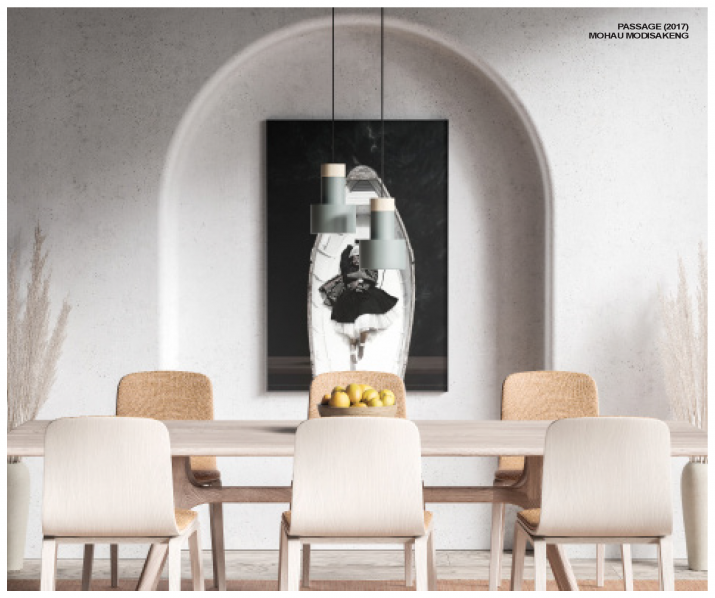 Artwork hanging behind a dining table