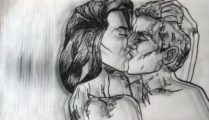 An ink drawing of two people passionately kissing. 