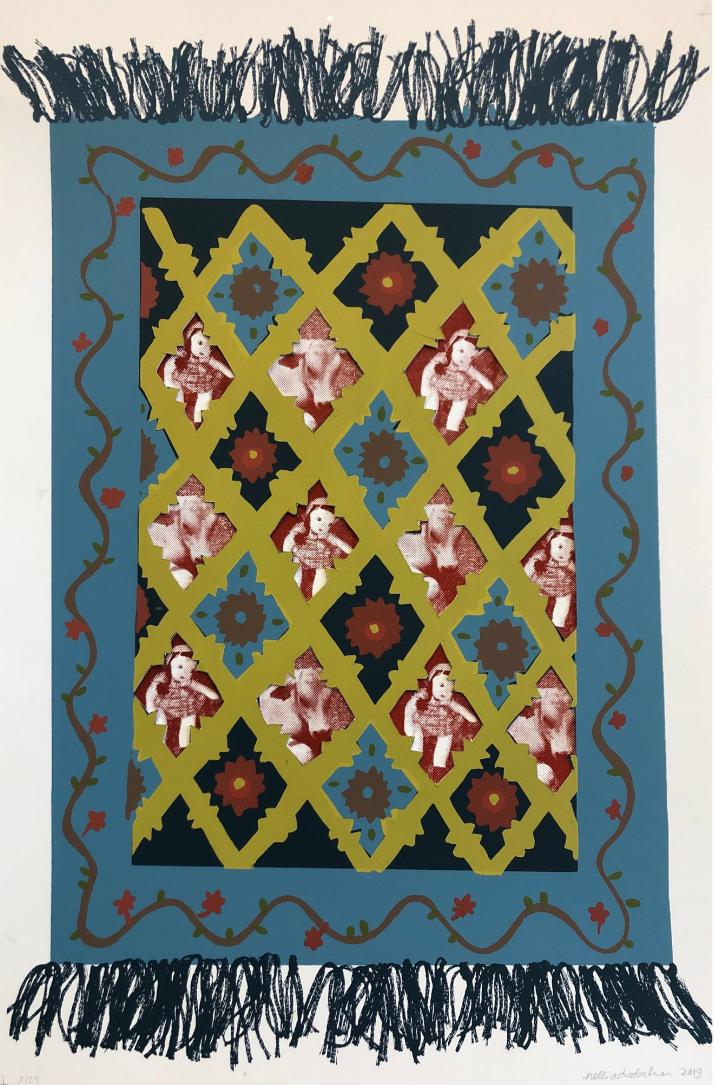 Screenprint on paper replication of a quilt which contains flowers, lambs, and dolls within the pattern. It also has a blue boarder with a vine painted on it.