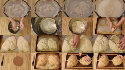Collage of images showing the stages of bread making from blooming yeast to cutting the bread.