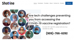 Diverse people wearing masks on the left with the words, "Are tech challenges preventing you from accessing the COVID-19 vaccine registration? From 8am PDT-8pm PDT, connect with one of our volunteers by calling (909)-766-6292" on the right.