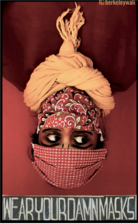 Barnali Ghosh is covered up in scarves, with the caption reading "Wear your damn masks"