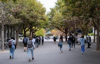 Students walk towards campus near Sproul Hall