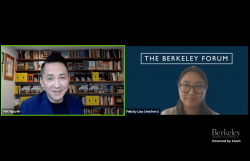 Viet Nguyen and Felicity Liao from the Berkeley Forum spotlighted on Zoom.
